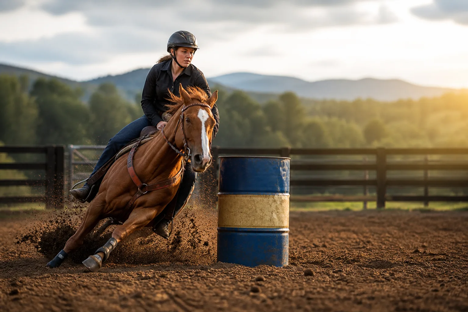 An adult barrel racer guiding a chestnut horse around a barrel