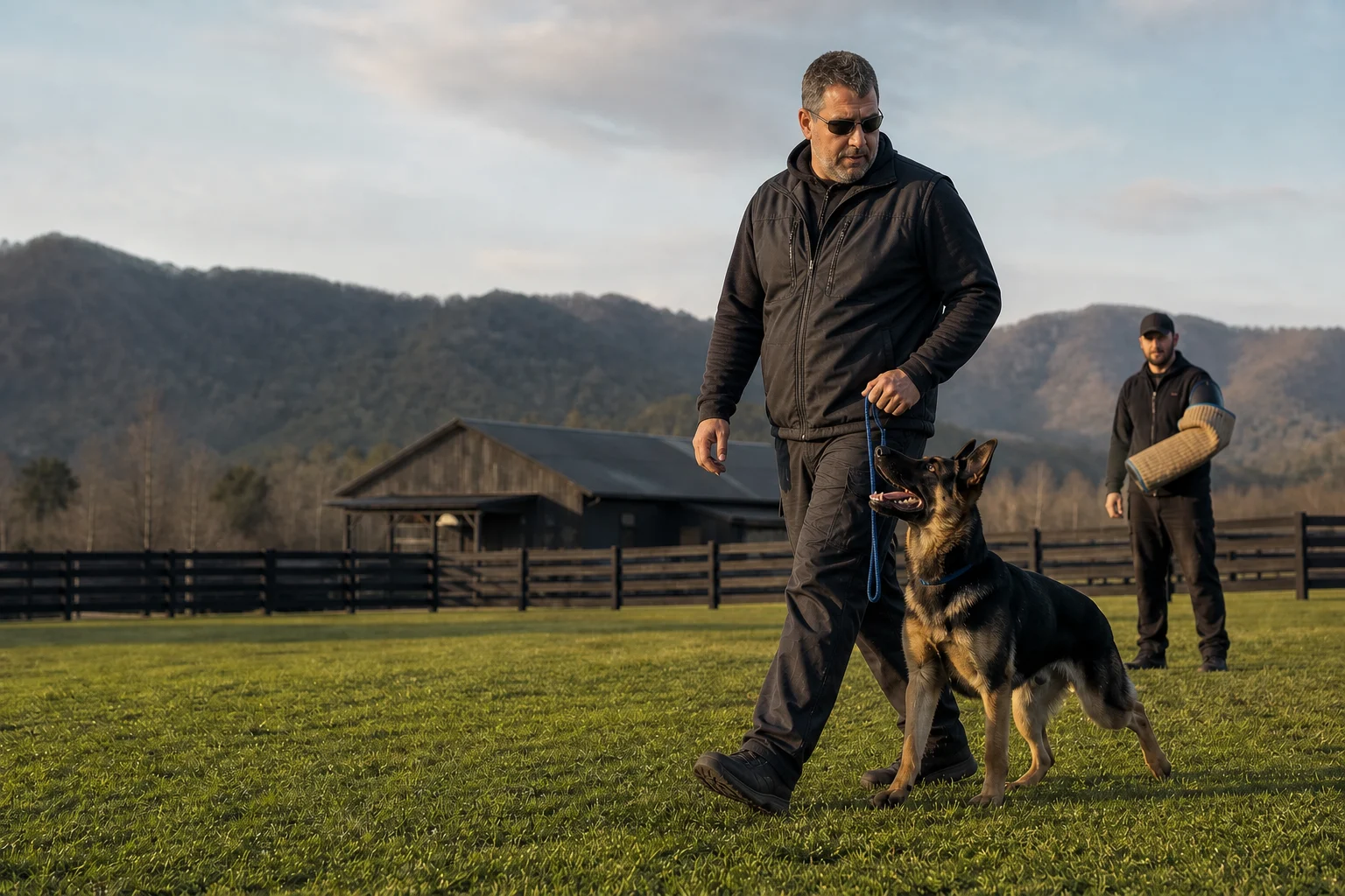 Scott Carlson walking a German shepherd in heel position on a Tennessee farm