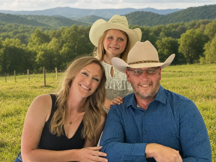 Scott, Lindsey and Abigail of Honeybee Farms in an East Tennessee field with mountain foothills